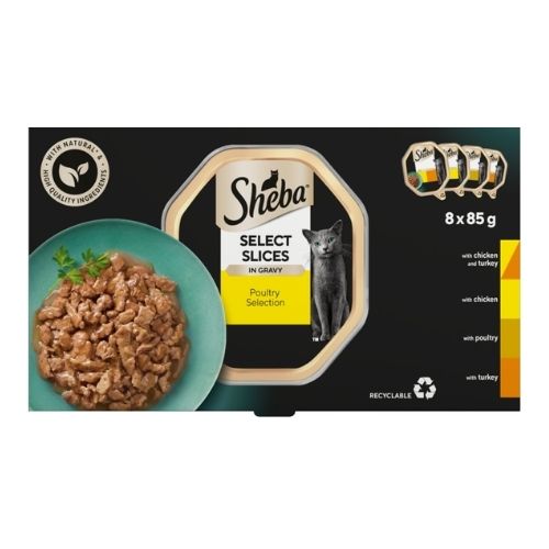 SHEBA SELECT SLICES ADULT POULTRY SELECTION IN GRAVY TRAY 8PK 85G
