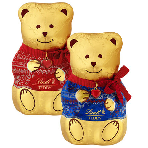 LINDT TEDDY BEAR RED & BLUE JUMPER MILK CHOCOLATE 200G-XMAS