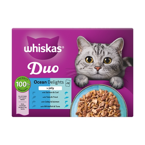 WHISKAS 1+ CAT POUCHES DUO OCEAN DELIGHTS IN JELLY 12PK 85G