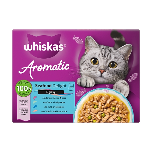 WHISKAS 1+ AROMATIC SEAFOOD DELIGHT SELECTION WET POUCHES 12PK 85G