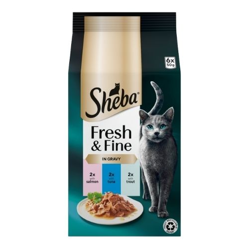 SHEBA FRESH & FINE ADULT WET CAT FOOD SALMON, TUNA & TROUT IN GRAVY 6PK 50G