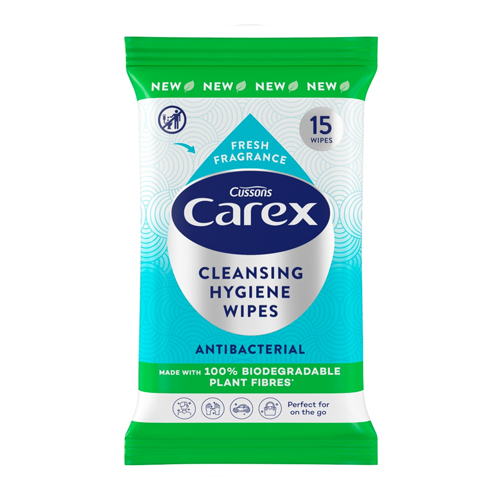 CAREX CLEANSING HYGIENE WIPES ANTIBACTERIAL BIODEGRADABLE FIBRE 15S