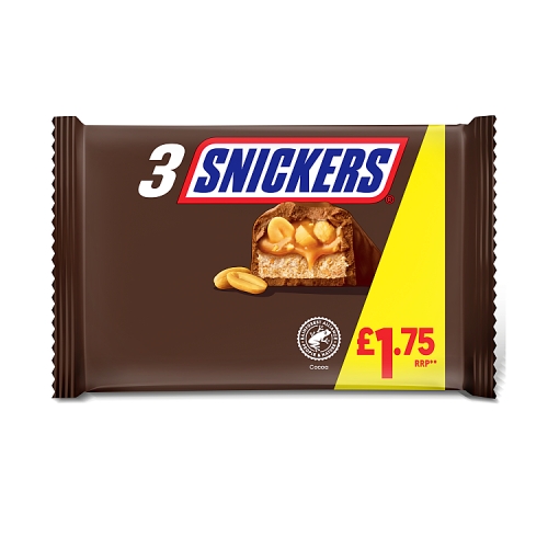 SNICKERS CARAMEL, NOUGAT, PEANUTS & MILK CHOCOLATE BAR PMP £1.75 3PK 125.1G