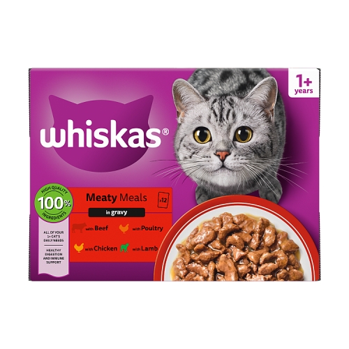 WHISKAS 1 + CAT POUCHES MEATY MEALS IN GRAVY 12PK 85G