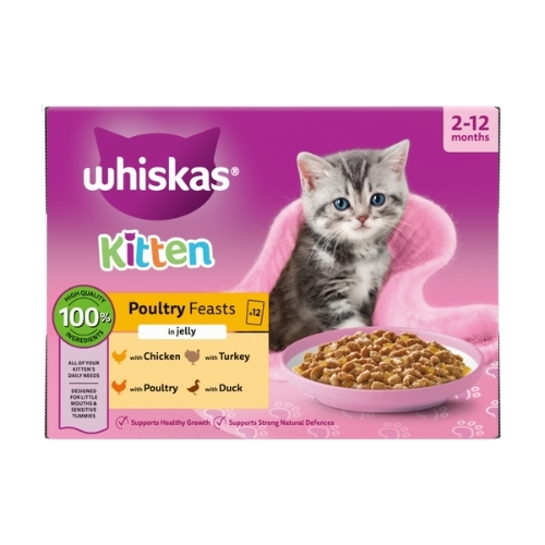WHISKAS 2-12 MONTHS CAT POUCHES POULY IN JELLY 12PK 85G