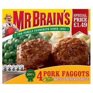 MR BRAIN'S 4 PORK FAGGOTS PMP £1.49 439G