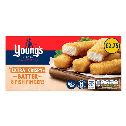 YOUNG'S 8 CRISPY BATTERED FISH FINGERS PMP £2.75 240G