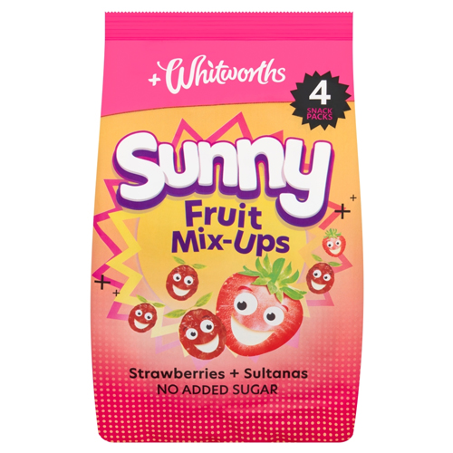 WHITWORTHS SUNNY FRUIT MIX-UPS STRAWBERRIES + SULTANAS 4 X 18G