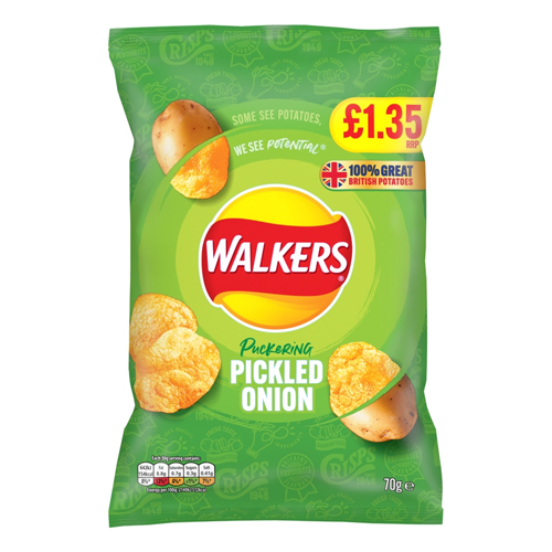 WALKERS PICKLED ONION SHARING CRISPS PMP £1.35 70G