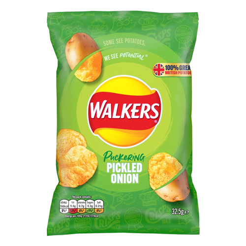 WALKERS PICKLED ONION CRISPS NO HIGH FATE SUGAR SALT 32.5G