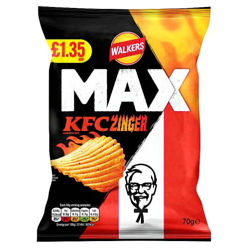 WALKERS MAX KFC ZINGER CHICKEN CRISPS PMP £1.35 70G