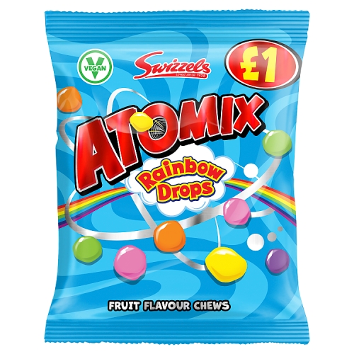 SWIZZELS ATOMIX RAINBOW DROPS FRUIT FLAVOUR CHEWS PMP £1.00 100G