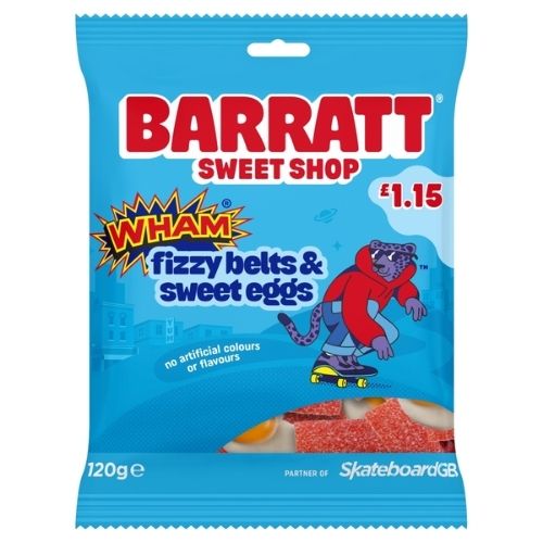 BARRATT WHAM FIZZY BELTS & SWEET EGGS BAG PMP £1.15 120G