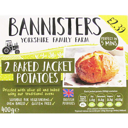 BANNISTERS FARM 2 BAKED JACKET POTATOES PMP £2.39 400G