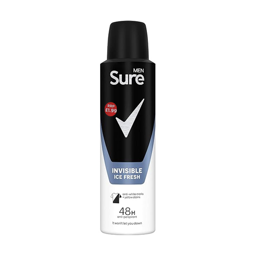 SURE MEN ANTI PERSPIRANT AEROSOL INVISIBLE ICE PMP £1.99 150ML