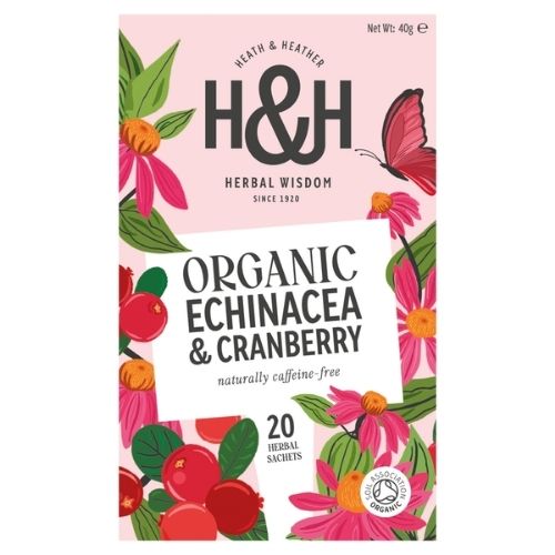 HEATH & HEATHER ORGANIC ECHINACEA & CRANBERRY 20S ENVELOPE TEABAGS 40G