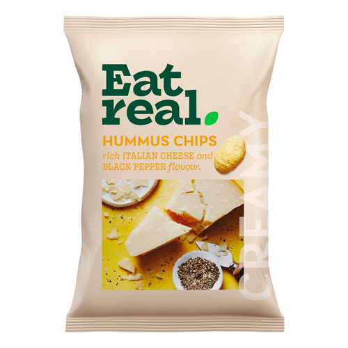 EAT REAL RICH ITALIAN CHEESE AND BLACK PEPPER FLAVOUR HUMMUS CHIPS 110G