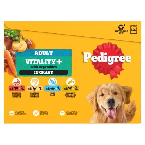 PEDIGREE VITALITY+  ADULT WET DOG FOOD SELECTION IN GRAVY POUCH 12PK 85G