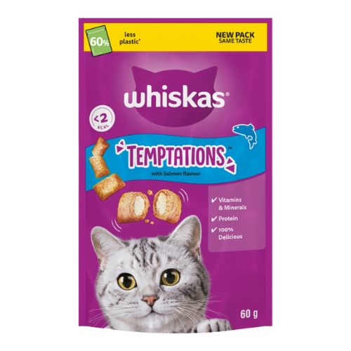 WHISKAS TEMPTATIONS ADULT CAT TREAT BISCUITS WITH SALMON 6X 60G