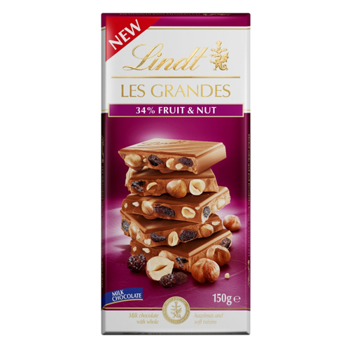 LINDT LES GRANDES MILK CHOCOLATE34% FRUIT & NUT BAR 150G