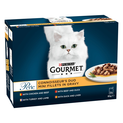 GOURMET PERLE CONNOISSEURS DUO CAT FOOD MEAT 12PK 85G