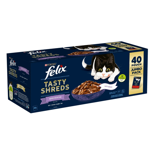 FELIX TASTY SHREDS MIXED SELECTION IN GRAVY WET CAT FOOD 40 X 80G