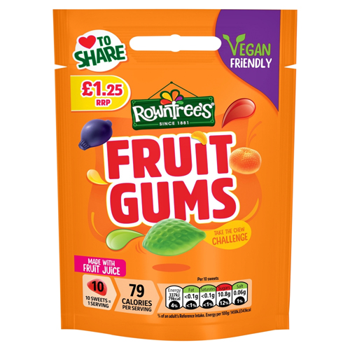 ROWNTREES FRUIT GUMS VEGAN POUCH PMP £1.25 120G