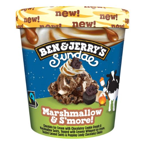 BEN & JERRY'S SUNDAE ICE CREAM TUB MARSHMALLOW & S'MORE 427ML